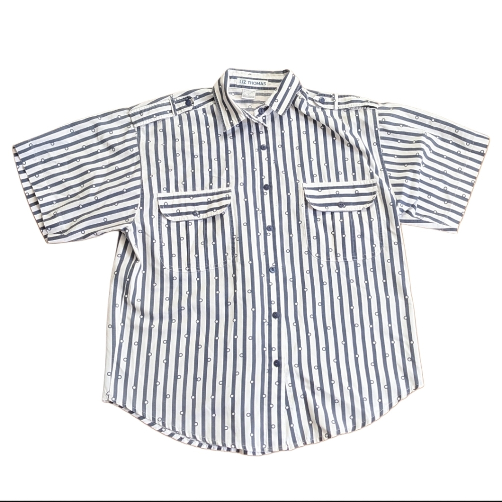 Vintage Liz Thomas Preppy Nautical Navy Stripes Button Down Summer Blouse Shirt